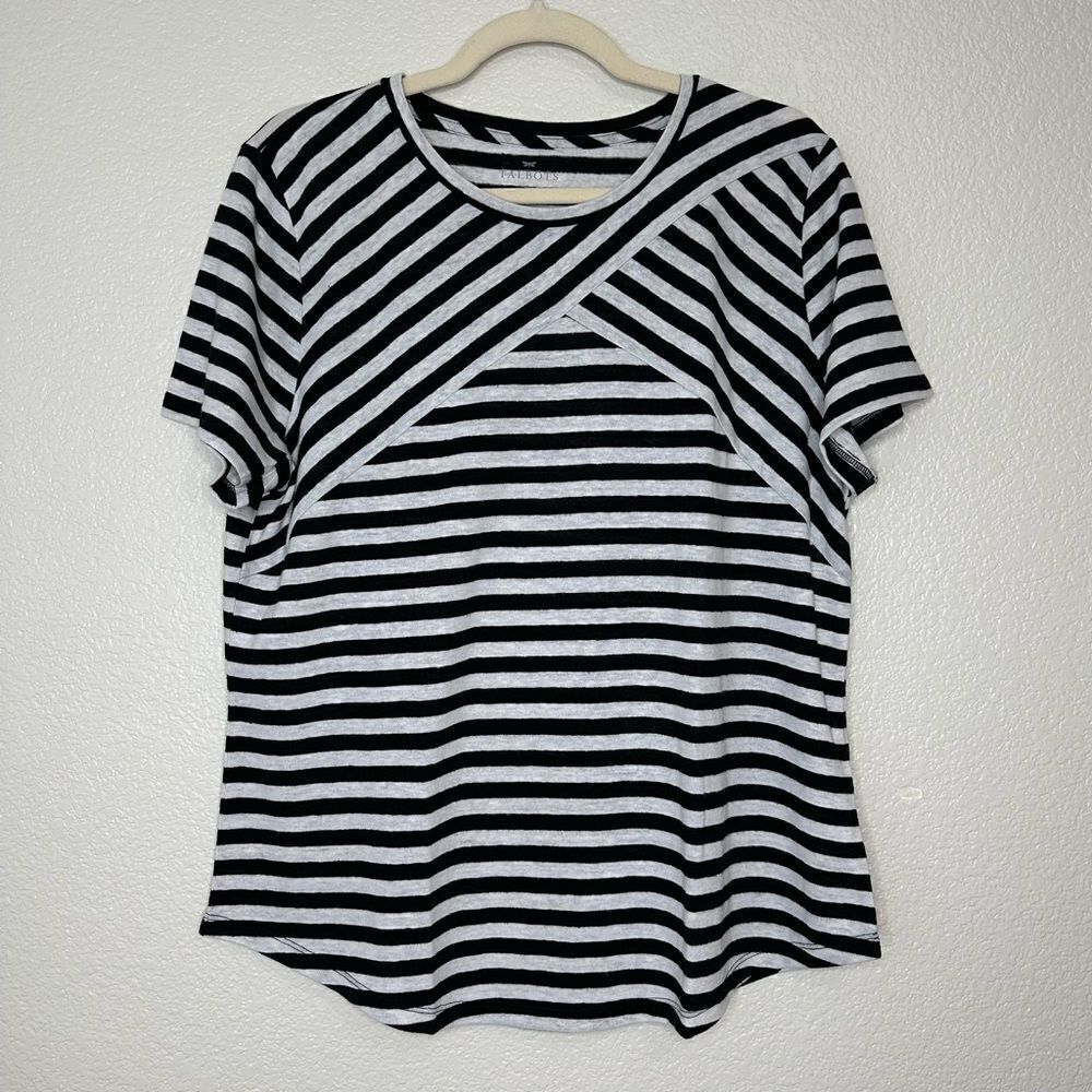 Talbots Linen Blend Criss Cross Striped Short Sleeves Top, Size XL